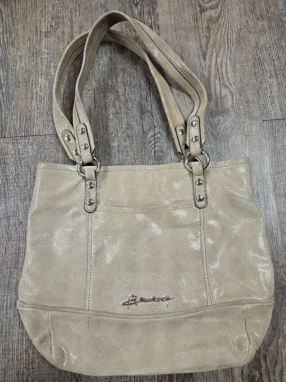 B. MAKOWSKI Tan Shimmer 100% Leather Logo Women Handbag Purse Tote Shoulder Bag